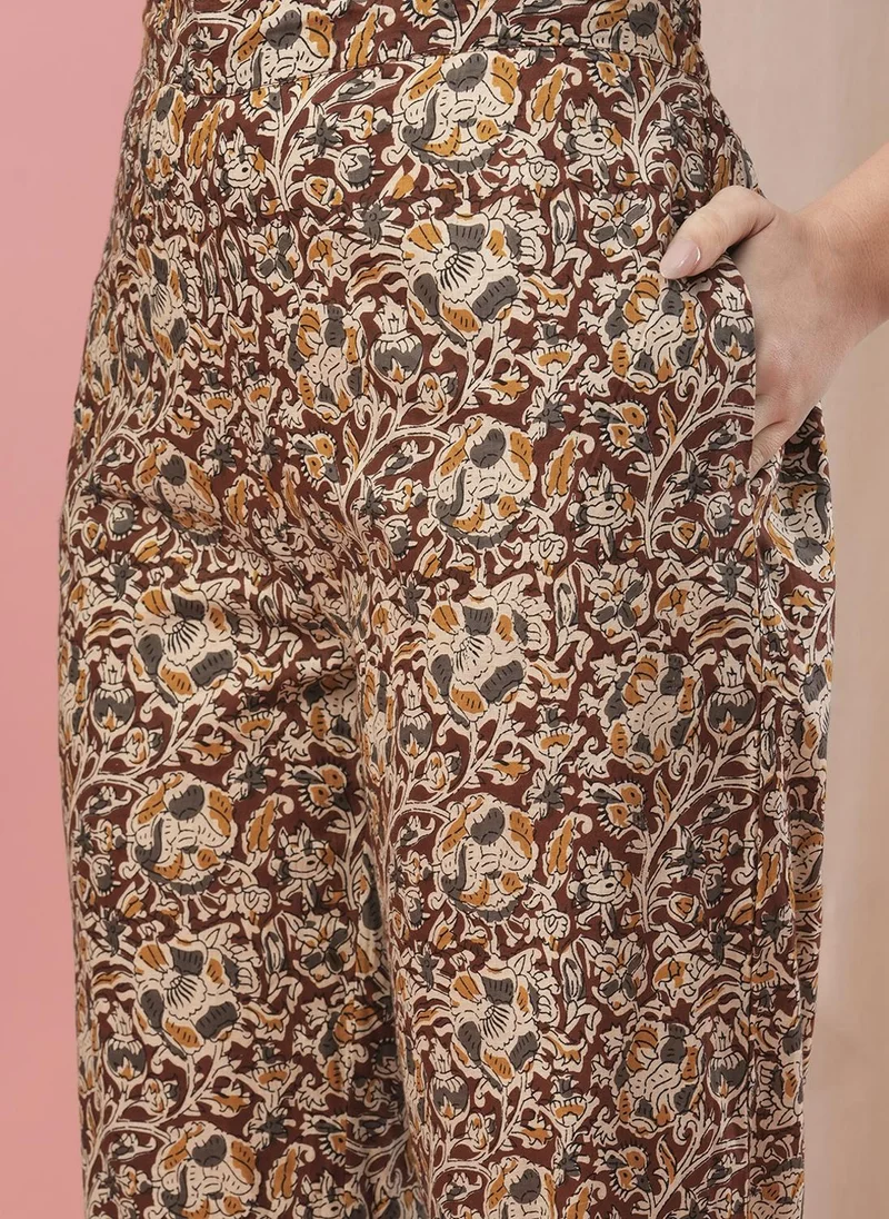 globus Globus Women Maroon Ethnic Motif Printed Puff Sleeve Pure Cotton Top & Trouser